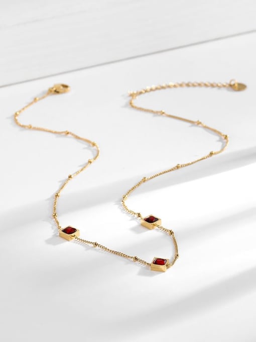 Square red diamond gold necklace Titanium Steel Cubic Zirconia Geometric Minimalist Necklace
