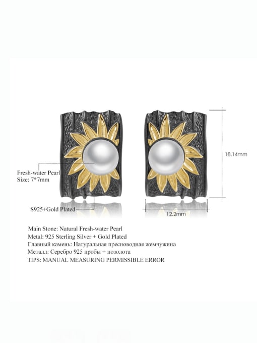 ZXI-SILVER JEWELRY 925 Sterling Silver Imitation Pearl Geometric Vintage Sunflower Stud Earring 2