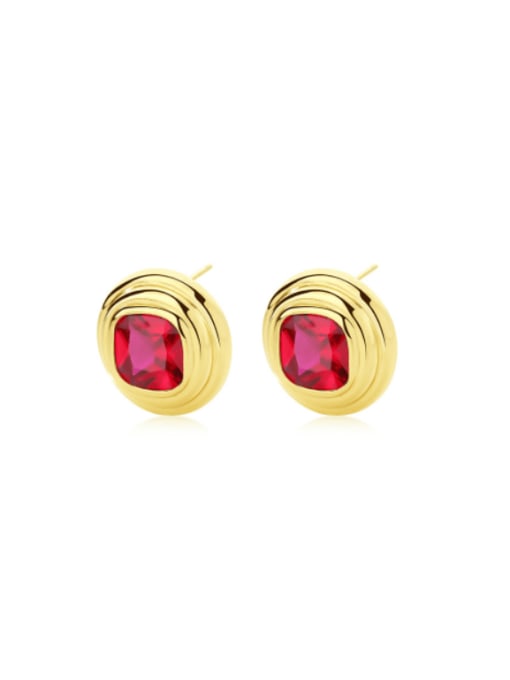 E2352 golden dark red steel 925 Sterling Silver Glass Stone Geometric Vintage Stud Earring