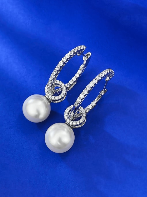M&J 925 Sterling Silver Imitation Pearl Geometric Dainty Drop Earring 1
