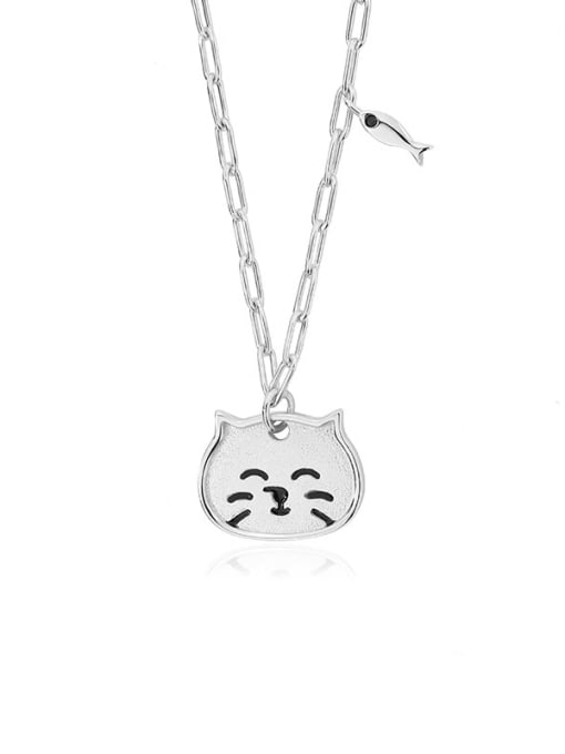 A2900 Platinum 925 Sterling Silver Icon Cute  Cat Pendant Necklace