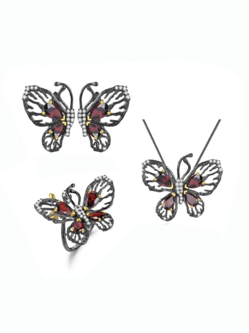 ZXI-SILVER JEWELRY 925 Sterling Silver Garnet  Vintage Butterfly Pendant Necklace 1