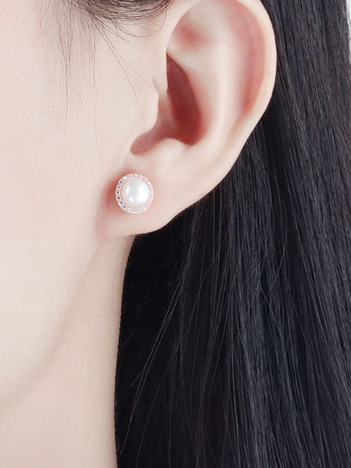 PNJ-Silver 925 Sterling Silver Imitation Pearl Geometric Minimalist Stud Earring 1