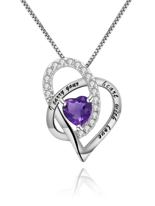 Natural Amethyst Pendant +Chain 925 Sterling Silver Birthstone Minimalist  Heart Pendant Necklace