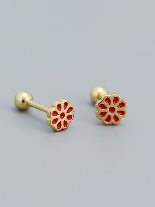 Gold (red) 925 Sterling Silver Enamel Flower Minimalist Stud Earring