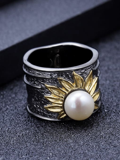 ZXI-SILVER JEWELRY 925 Sterling Silver Imitation Pearl Geometric Artisan Band Ring 2