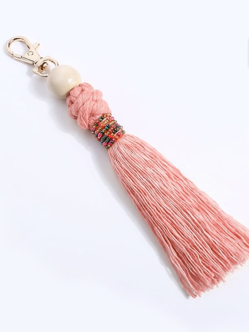 K68152 Pink Alloy Bead Cotton Rope Tassel Artisan Hand-Woven Bag Pendant