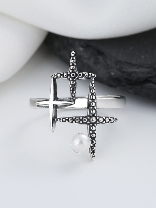 TAIS 925 Sterling Silver Imitation Pearl Cross Vintage Ring 2