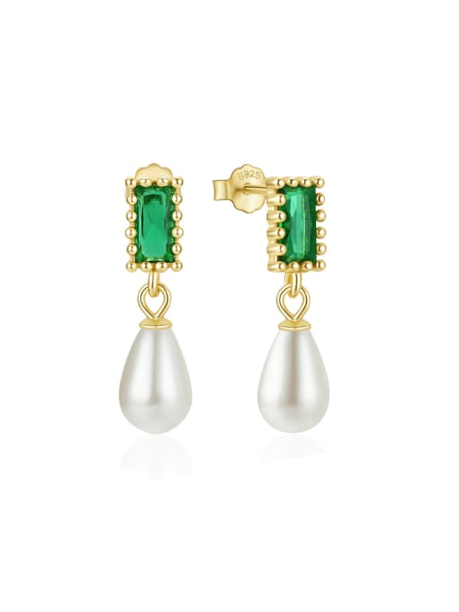 Golden +green 925 Sterling Silver Imitation Pearl Water Drop Minimalist Drop Earring