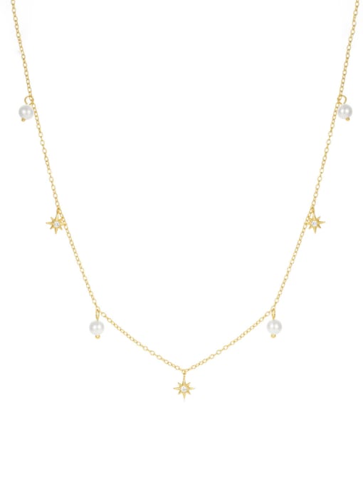 golden 925 Sterling Silver Imitation Pearl Star Minimalist Necklace
