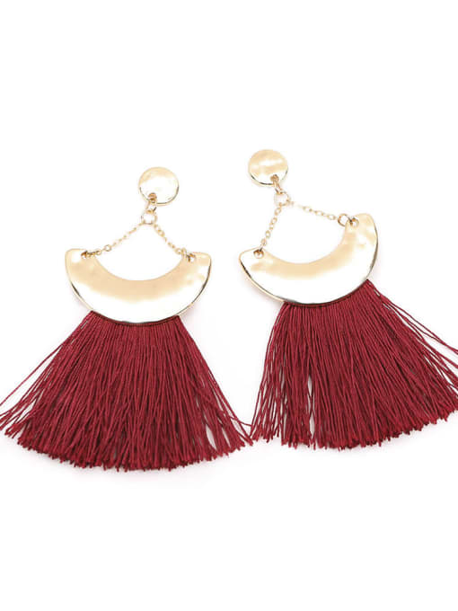 E68395 red Alloy Cotton Rope Tassel Bohemia Hand-Woven Earrings
