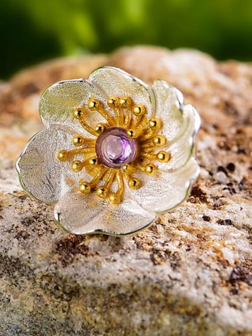 Silver flower gold core purple stone 925 Sterling Silver natural peridot natural niche design Dainty Stud Earring