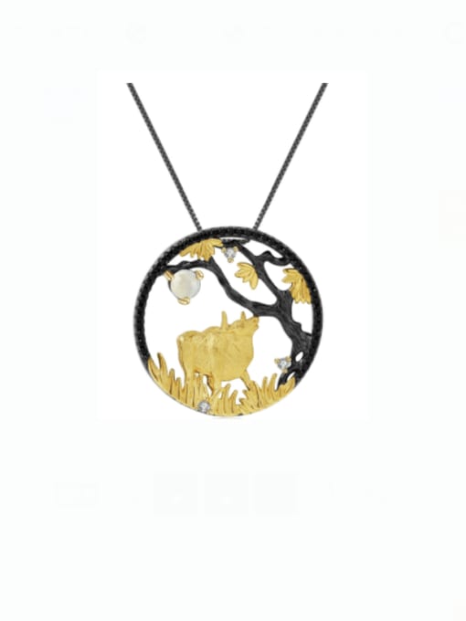 African Aobao Pendant  +Chain 925 Sterling Silver Natural Stone Zodiac Cow Ethnic Necklace