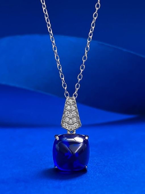 N325 Royal Blue Sugar Tower 925 Sterling Silver Cubic Zirconia Square Dainty Necklace