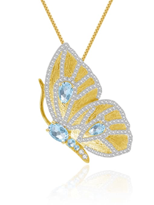 Sky Blue Topaz Pendant Necklace 925 Sterling Silver Carnelian Butterfly Vintage Necklace