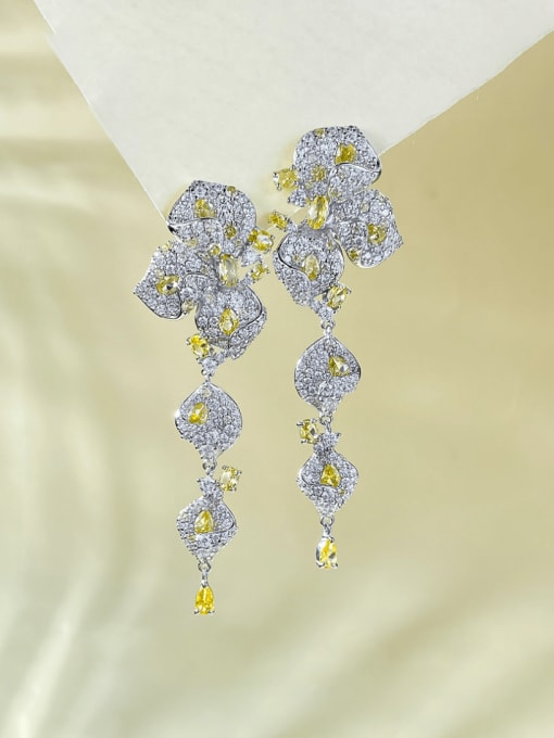 E528 Yellow Diamond Earrings 925 Sterling Silver Cubic Zirconia Flower Luxury Cluster Earring