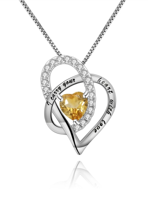 Natural yellow crystal pendant +Chain 925 Sterling Silver Birthstone Minimalist  Heart Pendant Necklace
