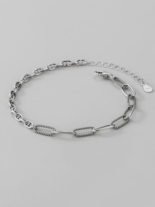 Long cross stitched pig nose Bracelet 925 Sterling Silver Geometric Vintage Asymmetric chain Link Bracelet