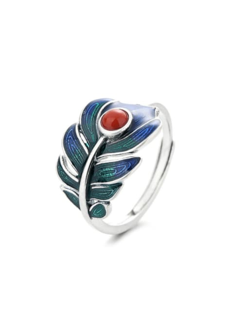 916JM matte approximately 3.3g 925 Sterling Silver Enamel Feather Ethnic Band Ring