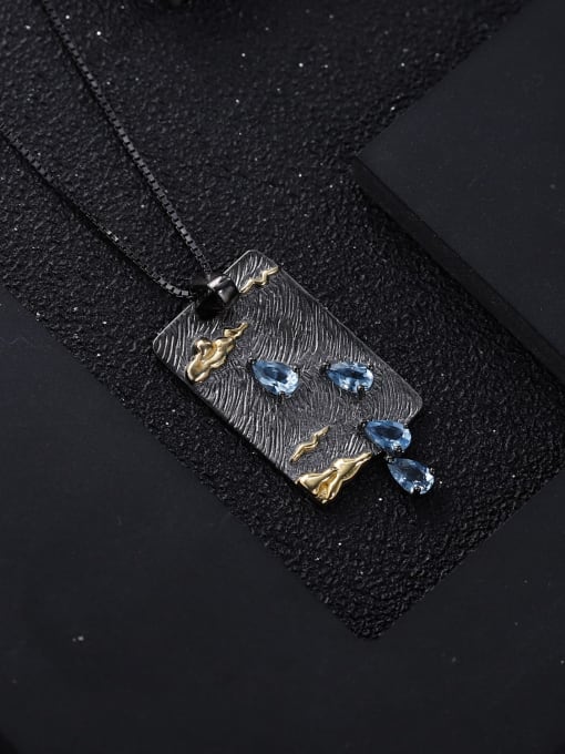 ZXI-SILVER JEWELRY 925 Sterling Silver Swiss Blue Topaz  Vintage Geometric Pendant Necklace 1