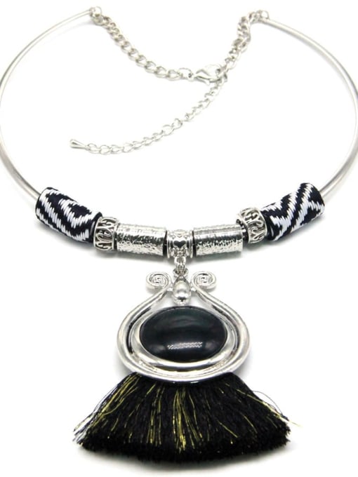 黑色 Alloy Cotton Rope Tassel Hand-Woven Vintage Choker Necklace