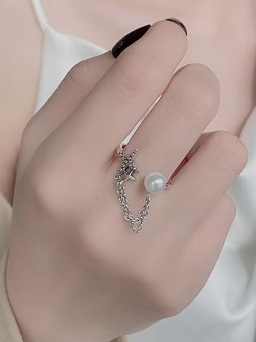 TAIS 925 Sterling Silver Imitation Pearl Cross Vintage Stackable Ring 1