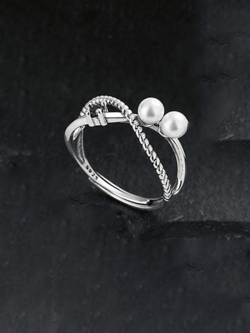 TAIS 925 Sterling Silver Imitation Pearl Cross Vintage Stackable Ring 0