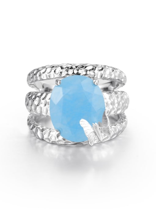 Aquamarine chalcedony ring 925 Sterling Silver Natural Stone Geometric Luxury Stackable Ring