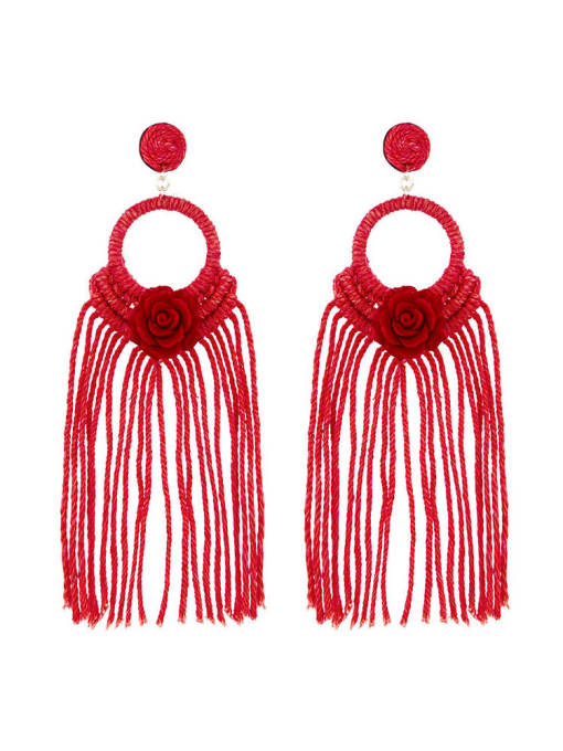 Red e68739 Alloy Cotton Tassel  FLower bohemian  hand-woven  drop earrings