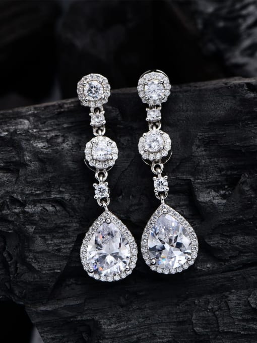 A&T Jewelry 925 Sterling Silver Cubic Zirconia Water Drop Luxury Cluster Earring 2