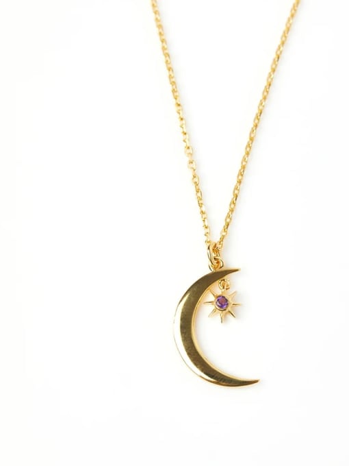 Golden Color, Purple Red Stone 925 Sterling Silver Moon Necklace