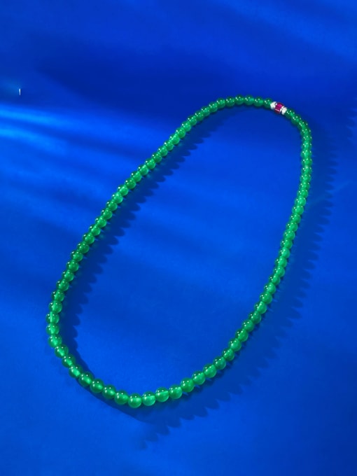 N393 green chalcedony 925 Sterling Silver Jade Round Vintage Beaded Necklace
