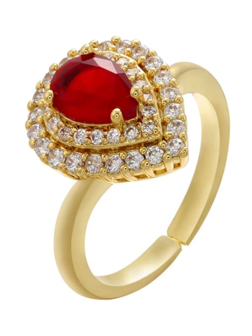 Golden Red Diamond Brass Cubic Zirconia Water Drop Dainty Band Ring