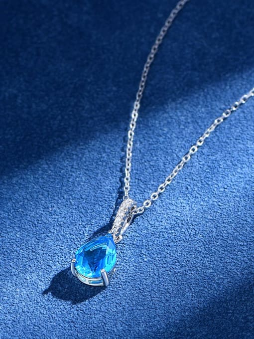 Blue 925 Sterling Silver Cubic Zirconia Water Drop Minimalist Necklace