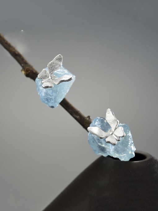 silver 925 Sterling Silver Natural aquamarine butterfly creative handmade  Artisan Stud Earring
