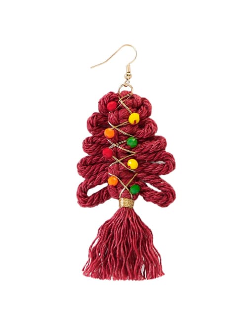 Burgundy e68849 Alloy Cotton Rope Tree Tassel Christmas Bossian Style Hand-Woven Drop Earring