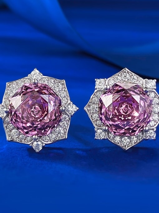 E556 Rose Purple Earnail 925 Sterling Silver Cubic Zirconia Red Flower Luxury Stud Earring