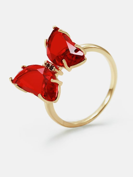 Golden red Brass Glass Stone Butterfly Minimalist Band Ring