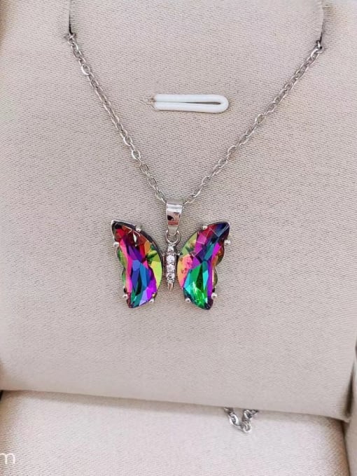 Colorful Platinum Titanium Steel Cubic Zirconia Butterfly Dainty Necklace