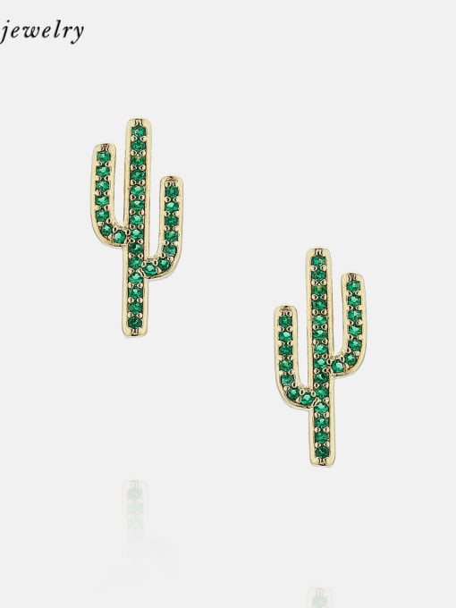 Gold green zircon Brass Cubic Zirconia Cactus Dainty Stud Earring