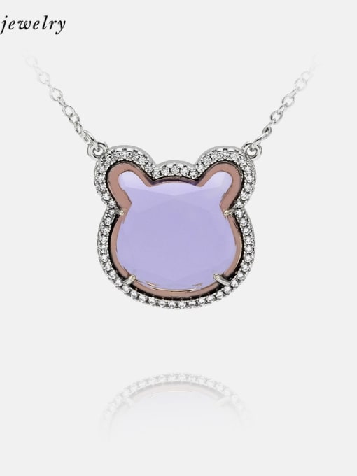 Platinum purple Brass Glass Stone Cat Cute Necklace