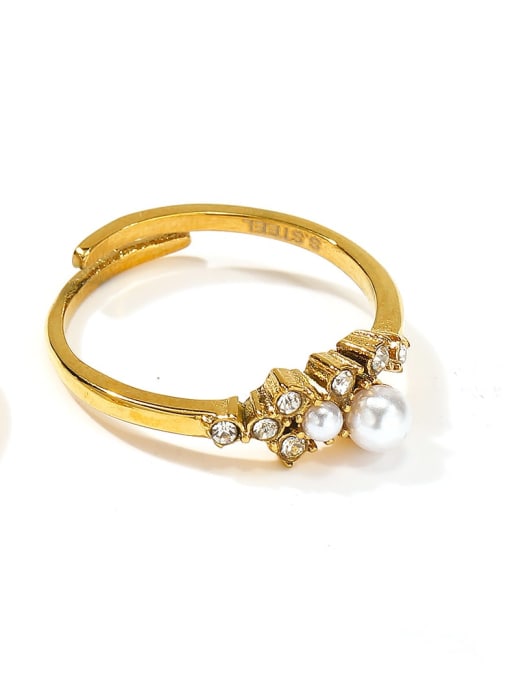 LM Titanium Steel two Imitation Pearls Open Ring Gold plating 0