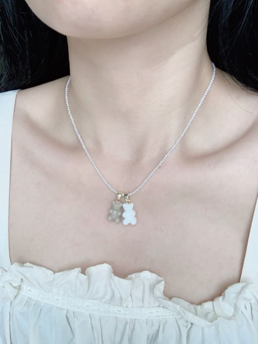 Scarlet White Brass Freshwater Pearl Bear Cute Beaded Necklace 2