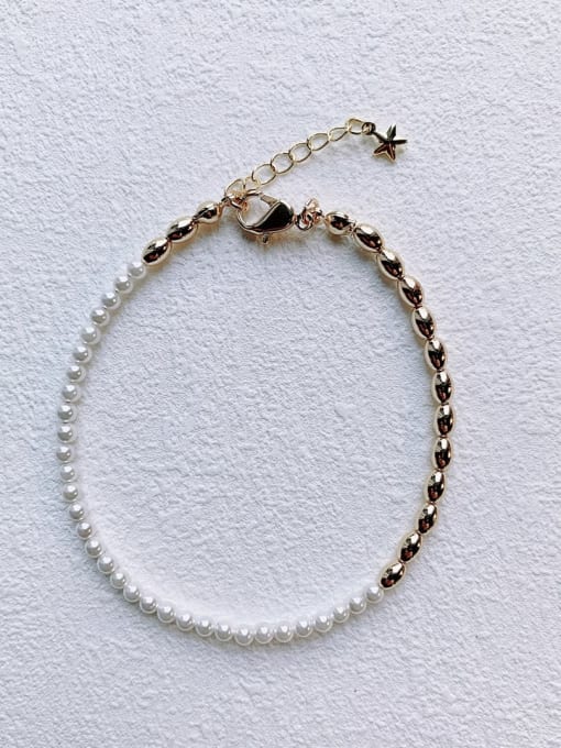 Scarlet White B-PE-002 Brass Natural Round Shell Beads Asymmetrical Chain  Handmade Beaded Bracelet 0