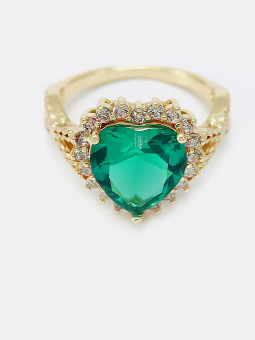Gold  green glass Brass Cubic Zirconia Heart Minimalist Band Ring