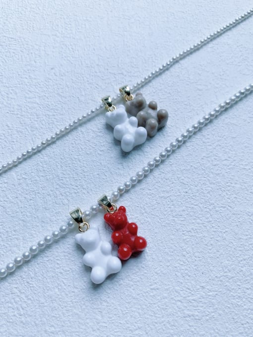Scarlet White Brass Freshwater Pearl Bear Cute Beaded Necklace 1