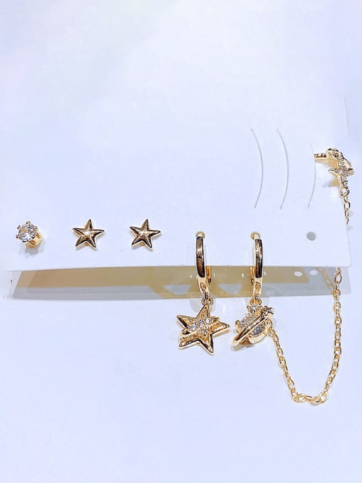 Gold Brass Cubic Zirconia Pentagram Tassel Trend Huggie Earring