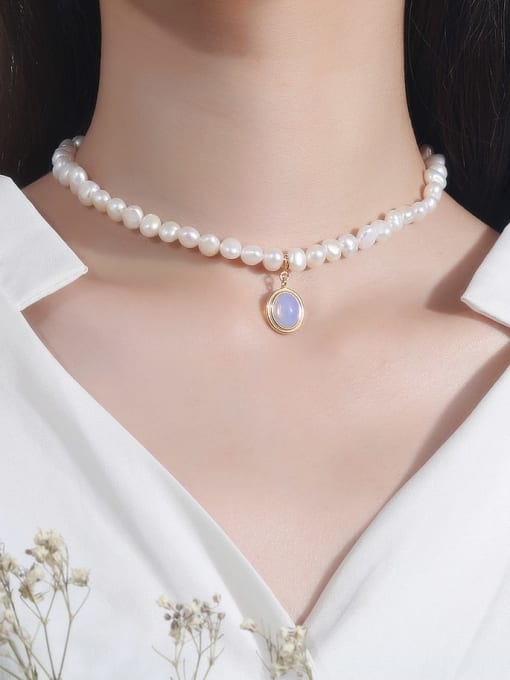 LM 925 Sterling Silver Freshwater Pearl Geometric Luxury 17mm * 12 mm Necklace 1