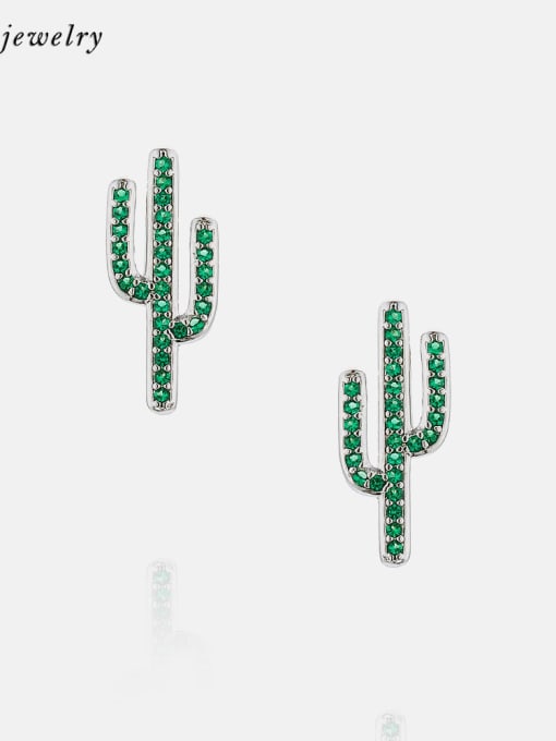 Platinum green zircon Brass Cubic Zirconia Cactus Dainty Stud Earring