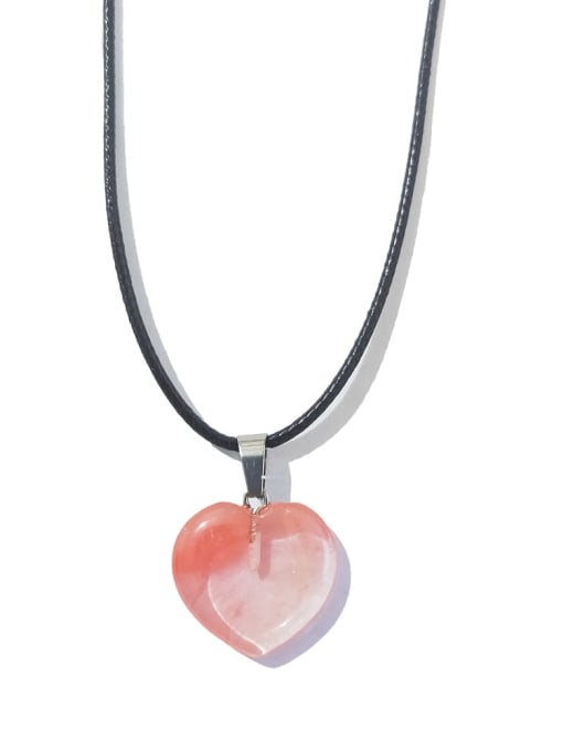Watermelon Red with Skin Rope Artificial leather chain Natural Stone Heart Ethnic Necklace